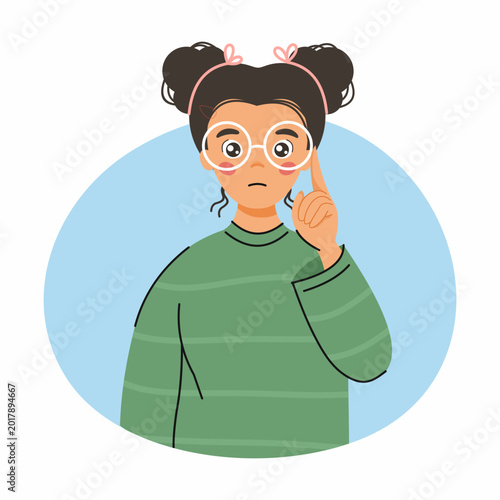 Funny teenage girl adjusts her glasses. thoughtful expression on his face. Human emotions and mood. character on blue background. good idea, illustration for school or education