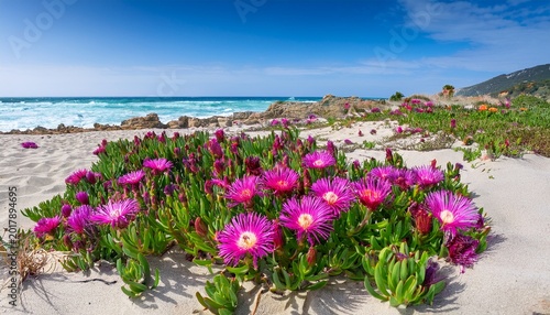 detailed view of carpobrotus edulis hottentot fig fuchsia blossoms on budoni beach s white sand in sardinia with the blue sea and sky behind