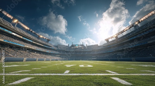 A professional American football stadium with green turf and white lines, viewed under clear skies with a vivid, game-ready atmosphere.