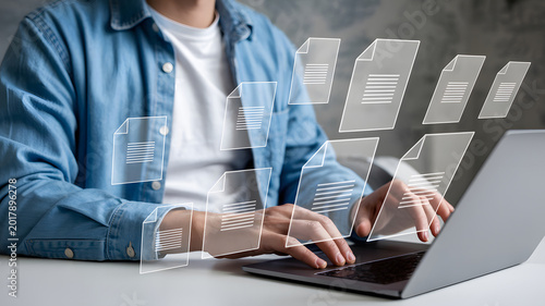 Digital document management system with virtual file icons, professional man working on laptop for cloud storage organization, electronic data archiving and paperless office workflow solutions