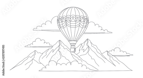 Photos Hot Air Balloon Above Majestic Mountains, Vintage Style Drawing