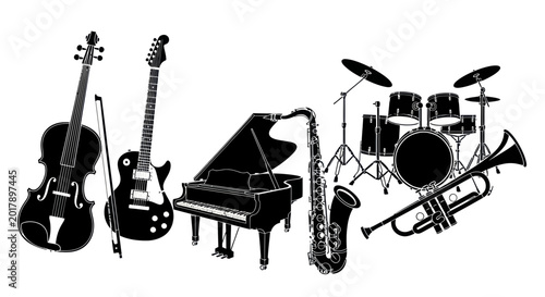 Quadro su tela Musical Instruments Silhouette Collection: Piano, Guitar, Violin, Saxophone, Tru