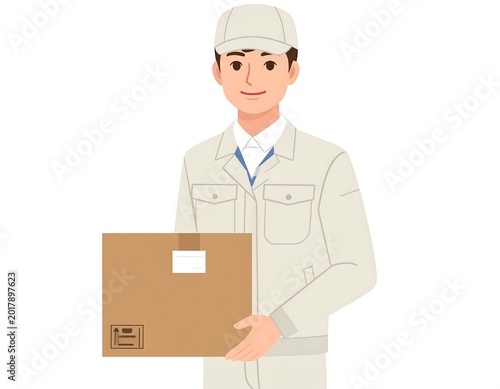 An illustration features a smiling male figure in a uniform and cap holding a cardboard box. Background is plain white