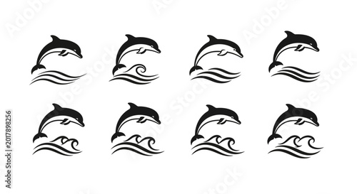 Dolphin Jumping Waves Silhouette Set Vector Graphic