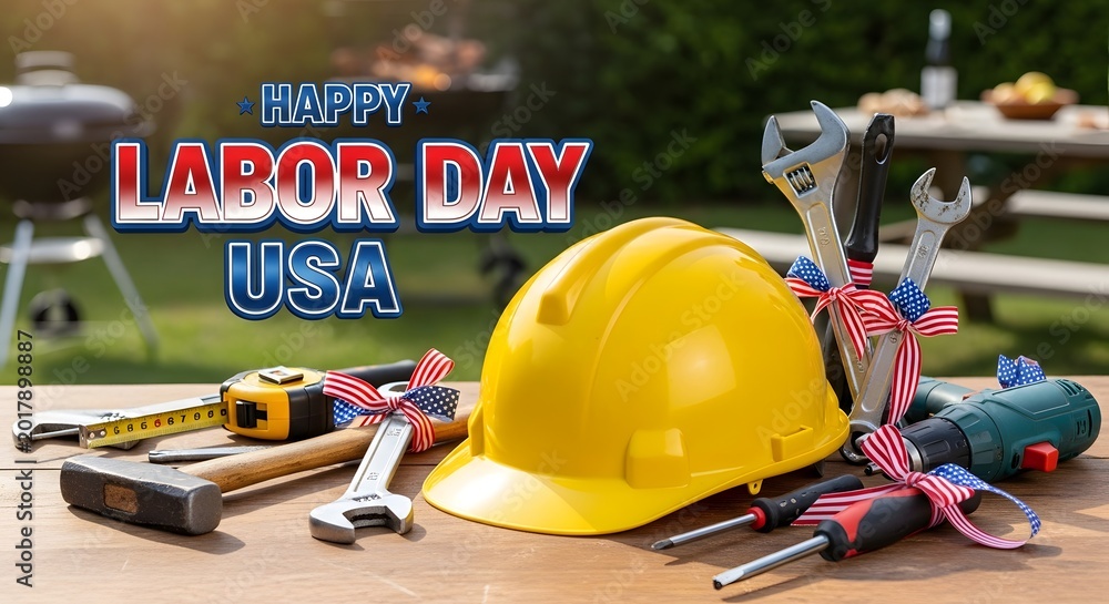 Fototapeta premium Construction tools and yellow hard hat with patriotic ribbons for labor day