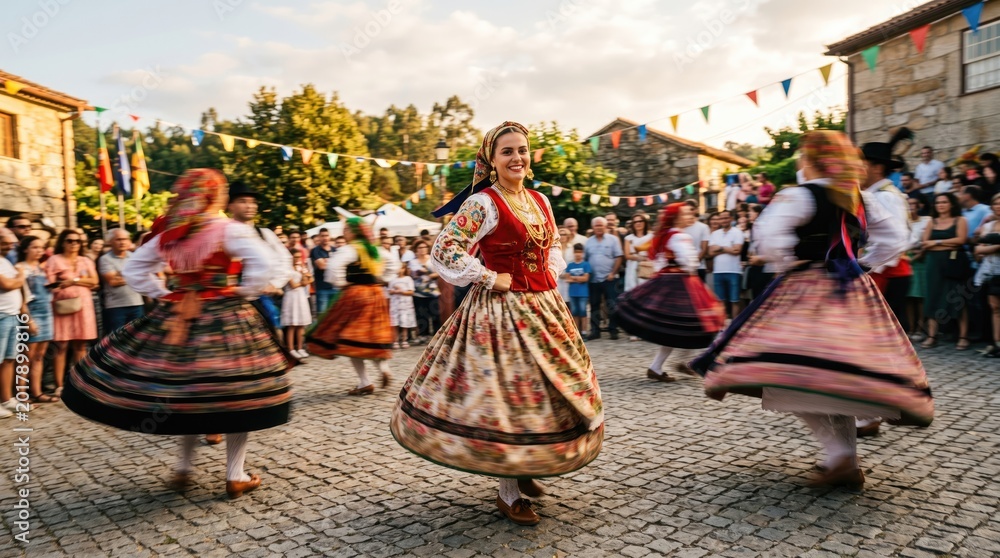 Fototapeta premium Women in traditional folk costumes dancing in a village square
