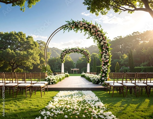 An outdoor wedding ceremony site is set up with an arch draped in flowers, leading to an aisle of petals