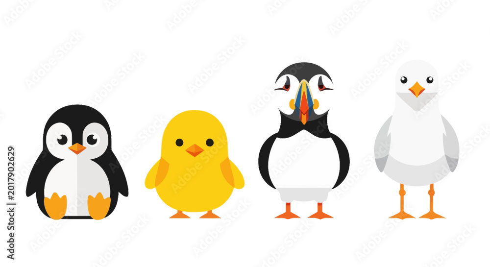 Fototapeta premium Cute cartoon birds, penguin, puffin, seagull, chick, colorful animal icons, vector set