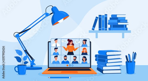 Canvas Print Remote work, online meeting, video conference, virtual team, office desk, illust