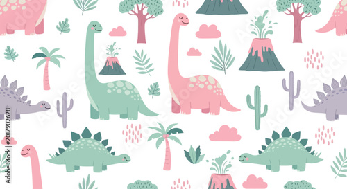 Foto Dinosaur seamless pattern, pastel colored vector dinosaurs, kids wallpaper, cute