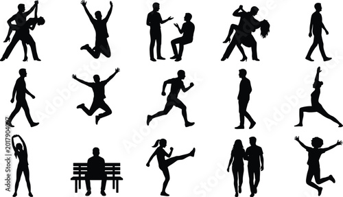 Foto People silhouette set with dancing running walking couples and fitness poses in