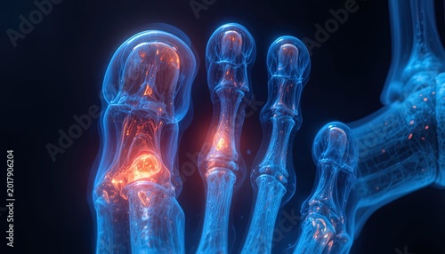 Medical Visualization: Digital Foot X-Ray with Inflammation, Sci-Fi Diagnostic Scan, Blue and Orange Color Palette