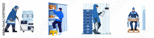 Cuadro en lienzo Flat vector illustrations of industrial cold storage workers handling frozen fish and seafood in a refrigerated warehouse environment