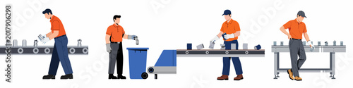 Vector illustration of industrial workers in orange uniforms sorting aluminum cans for recycling on conveyor belts and into waste bins.