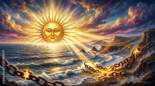 Radiant Golden Sun Face Rising Over Stormy Ocean Beside Rocky Chained Coast