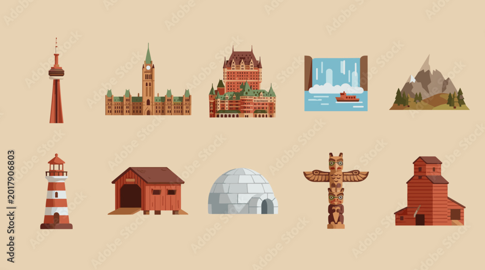 Fototapeta premium Icons featuring Canadian landmarks and symbols