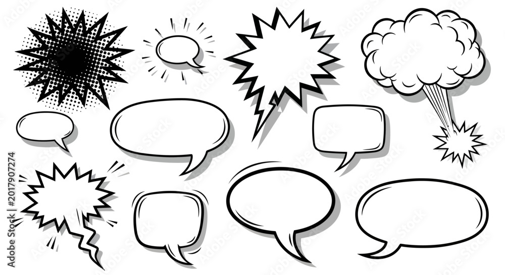Fototapeta premium Comic speech bubbles, conversation icons, dialogue symbols, black and white chat boxes, vector illustrations