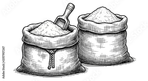 Obraz na płótnie Sack, burlap, grain sacks, filled bags, illustration, black and white, sketch, d