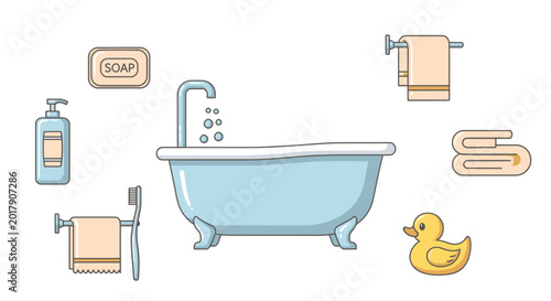 Foto Rubber duck in bathtub with accessories.