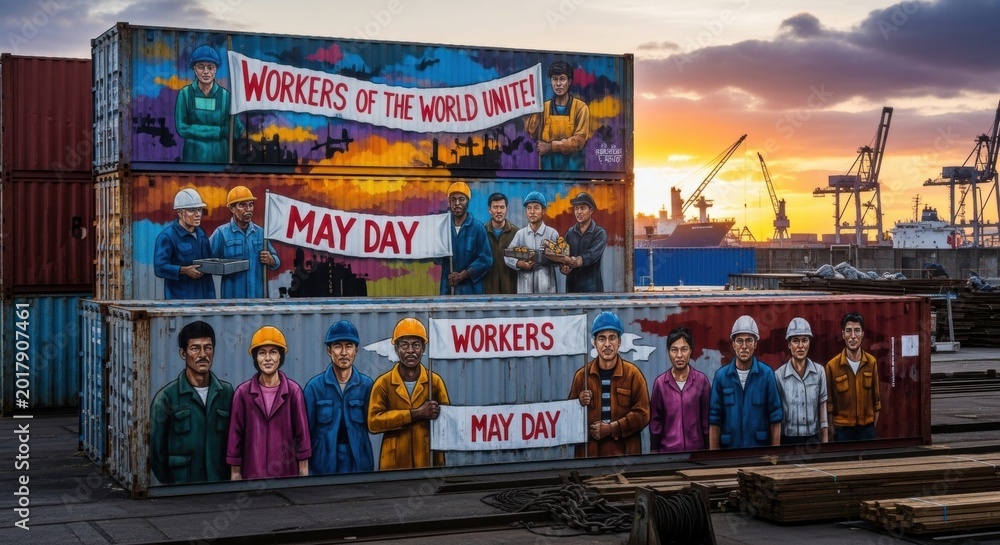 Fototapeta premium May Day murals depicting labor workers on shipping containers at a port