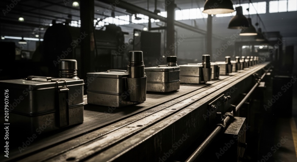 Naklejka premium Metal lunch boxes moving along a conveyor belt in a dark factory