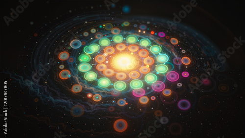 Картината върху платно Abstract cosmic spiral with colorful orbs