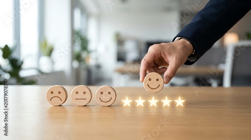 Customer feedback and satisfaction assessment with wooden tokens and glowing stars