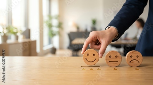 Customer satisfaction survey with smiley face rating blocks on a wooden desk