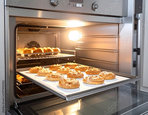 An oven door opens, showcasing pastries on a tray and a rack. The warm glow of the oven's interior highlights the golden-brown treats