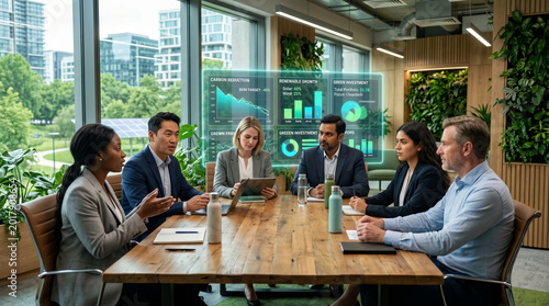 Diverse group of business professionals in a modern office discussing green investment and sustainable growth strategies.