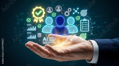 Glowing hand presents a virtual interface with icons for business management, human resources, team collaboration, and technology, symbolizing innovation and growth