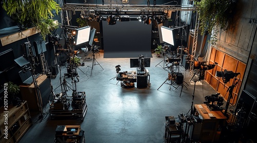 Wide shot of a professional film studio setup with cameras and lighting equipment, ready for filming a scene with green plants decoration