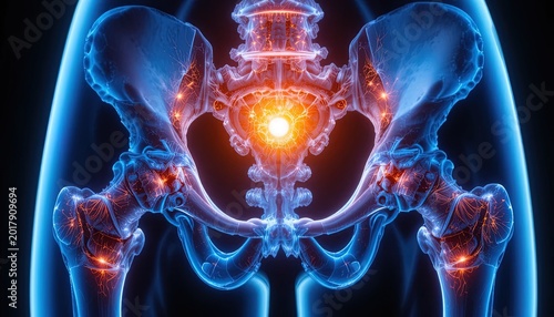 Human Pelvis Anatomy X-Ray Illustration with Bright Orange Glow Highlighting Nerve Connections and Bone Structure