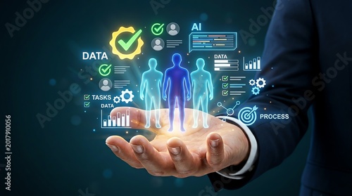 Digital Workforce Management A Business Hand Illuminating Virtual Human Resources Figures Surrounded by Advanced Data Analytics and Artificial Intelligence Interfaces for Strategic Growth