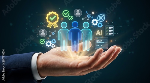 Hand holding glowing icons of people and business concepts on a dark background