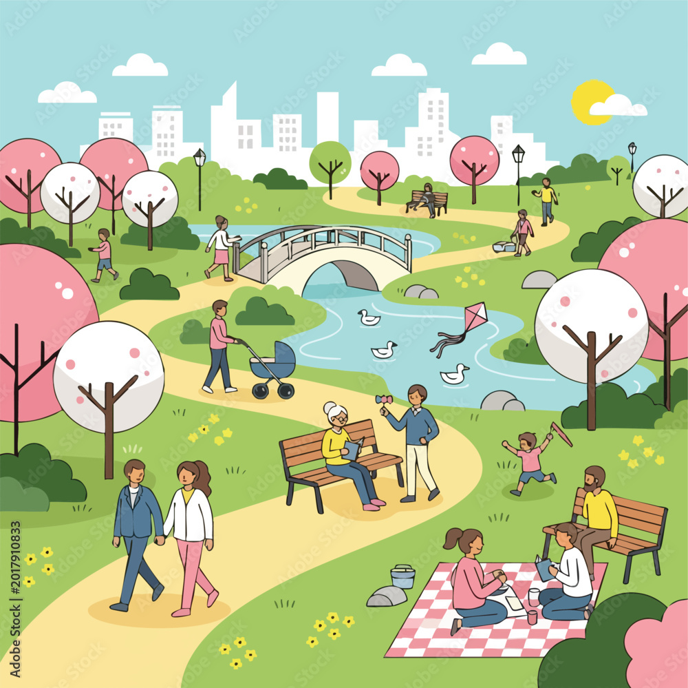 Fototapeta premium Spring City Park Scene with People Relaxing and Enjoying Outdoors