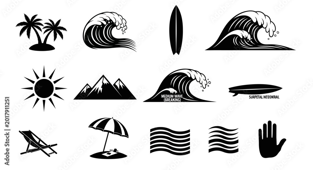 Fototapeta premium Beach, Summer, Vacation Icons, Black Vector Set, 13 Symbols