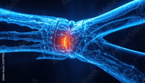 Illustration of Wrist Joint Pain with Blue Ligaments and an Orange Pain Point on Dark Background