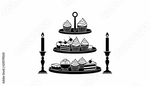 Foto Black and white cupcake tower, dessert stand, cake display, vector illustration
