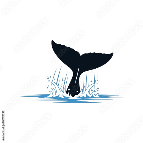 A captivating illustration of a whale's tail fin emerging from the ocean's blue surface with splashing water creating a dynamic visual