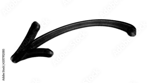 Curved black arrow pointing left in hand drawn marker style. Creative urban directional element for modern streetwear graphic design.
