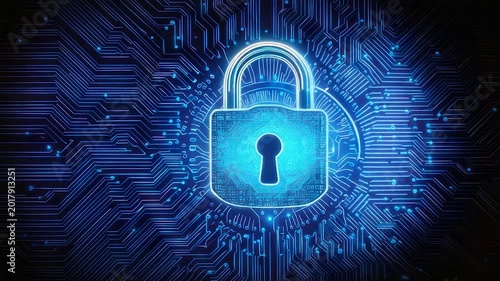 Glowing digital padlock over a circuit board background with intricate blue lines