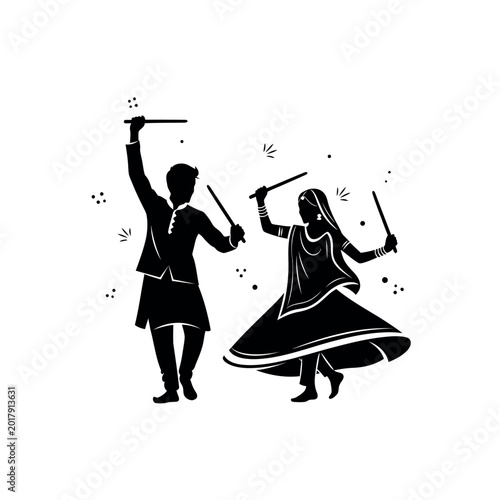 Silhouette of a couple performing Garba dance with dandiya sticks.