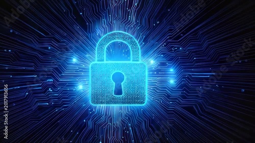 Glowing blue padlock graphic on a circuit board background, representing data security