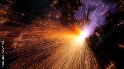 A fiery, burst of light expands from a bright center, with radiant streaks against black