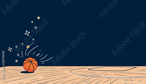 Whimsical line drawing of a basketball dribbling down a court, with stars and playful flourishes,  monochrome,  graphic