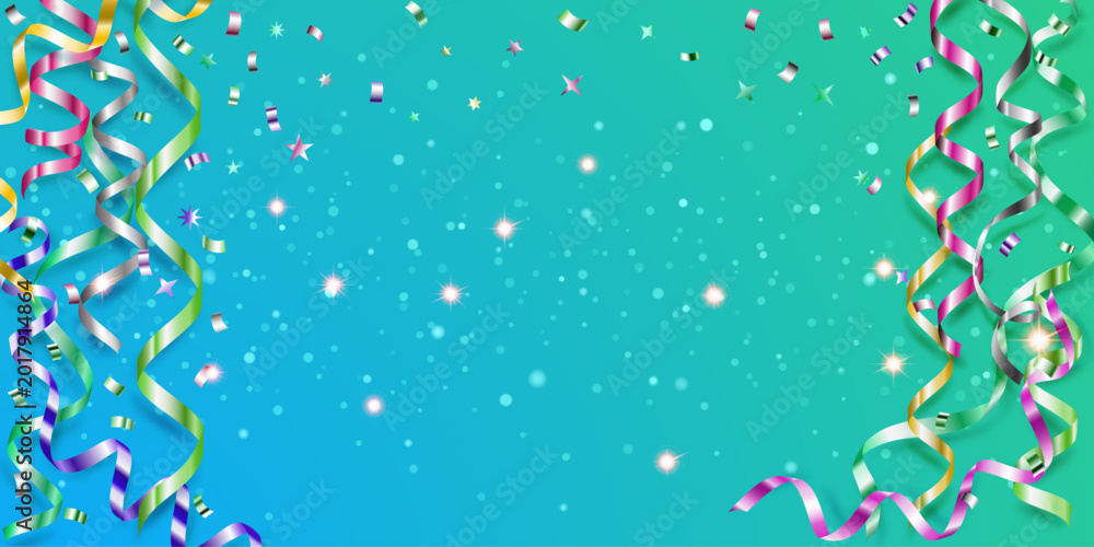 Fototapeta premium Ribbons and confetti swirl in a vibrant, celebratory scene with a gradient blue-green background and sparkling lights.