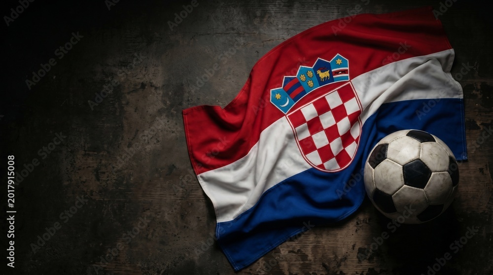 Fototapeta premium Waving Croatian Flag Beside Soccer Ball on Dark Textured Surface