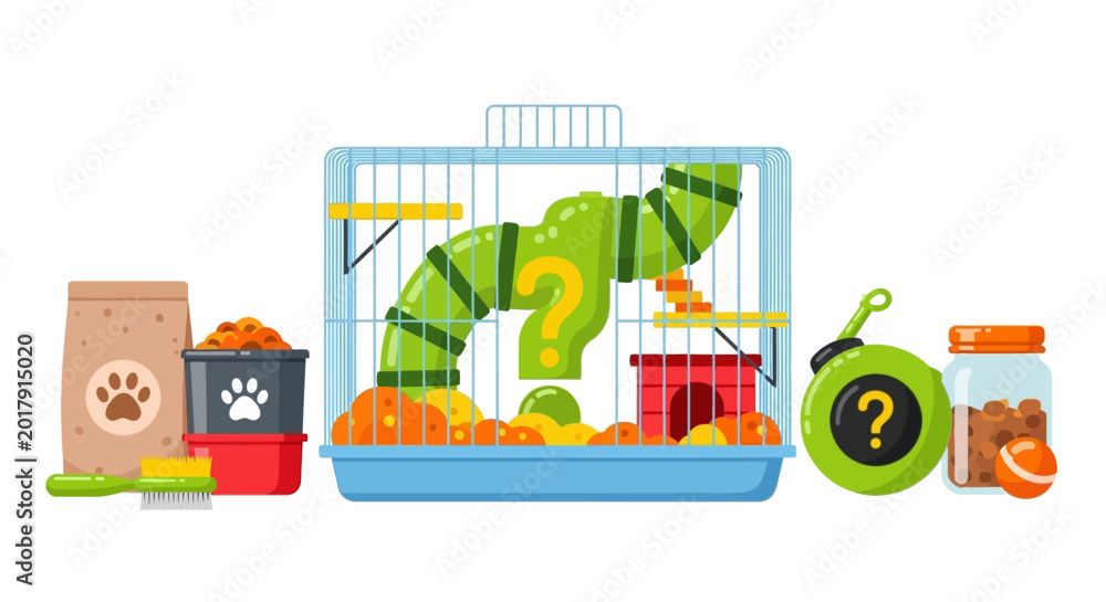 Naklejka premium Colorful hamster cage, pet accessories, cartoon hamster, animal care, pet food