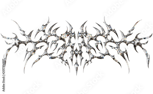 Foto Futuristic Chrome Ornament Metal Tribal Symbol for Techno and Rave Aesthetic, 3d Rendering